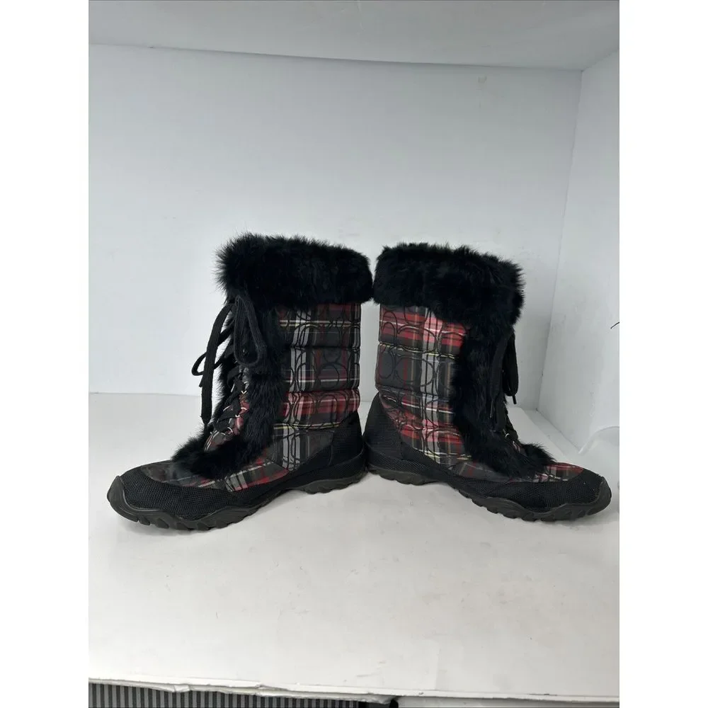 Coach Jennie Signature Rabbit Fur Black & Red Plaid Boots RARE‎ Size 9.5 EUC